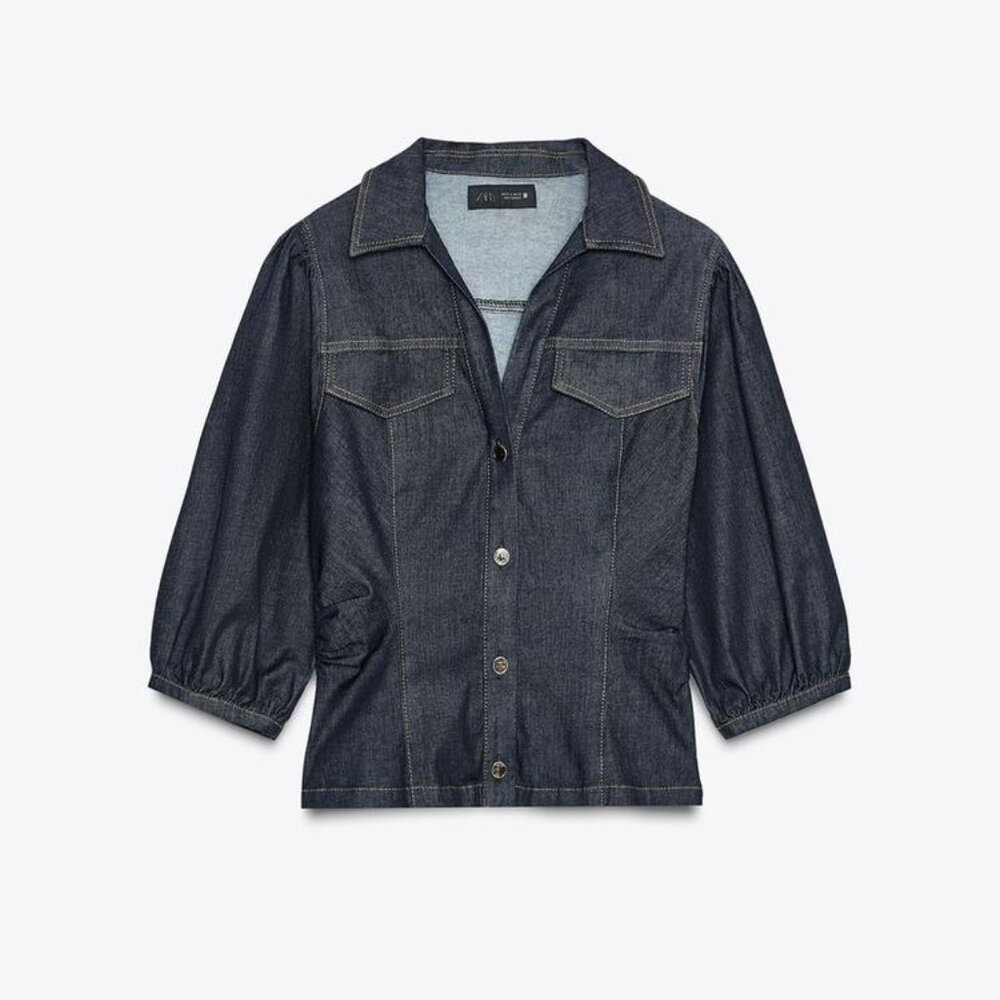 Fitted Denim Puff Sleeve Shirt XS | ZARA